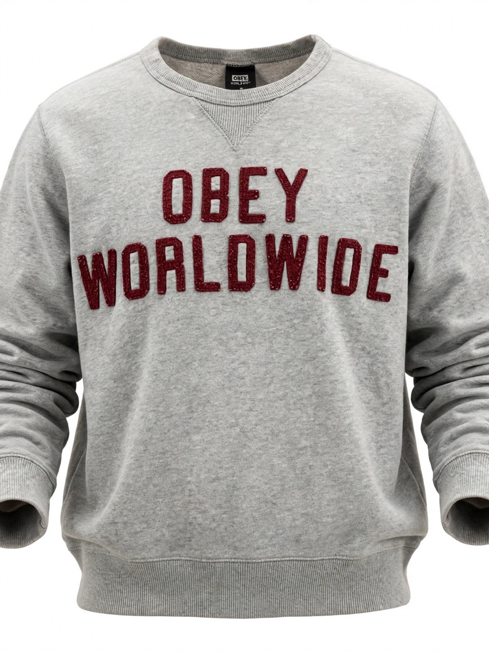 Obey Light Gray Crewneck with Maroon 'Obey Worldwide' Applique